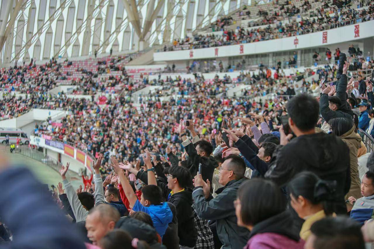 足球比赛现场热闹非凡，球迷们高呼助威声